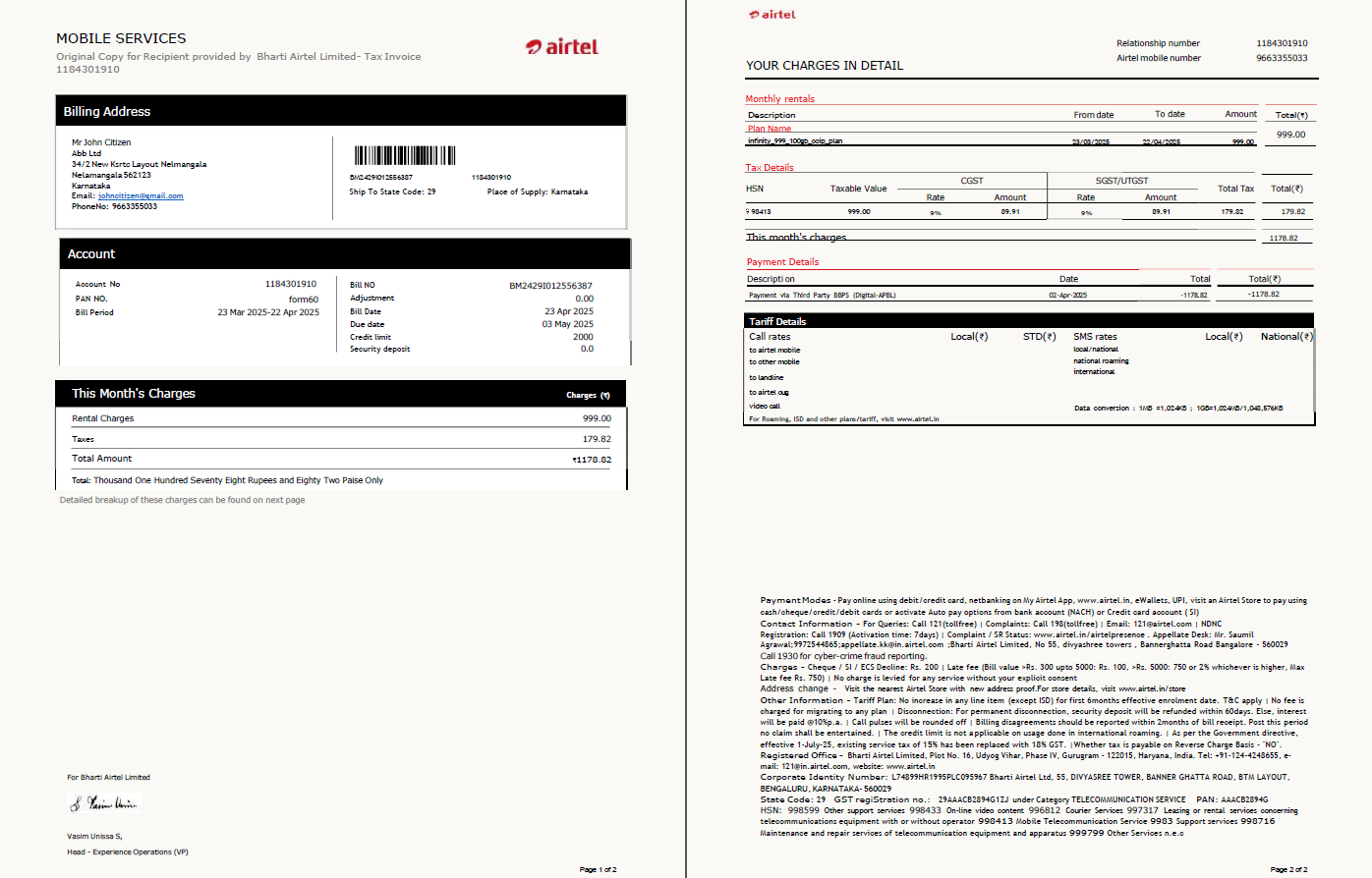 India airtel utility bill template in Word and PDF formats, 2 pages, version 3